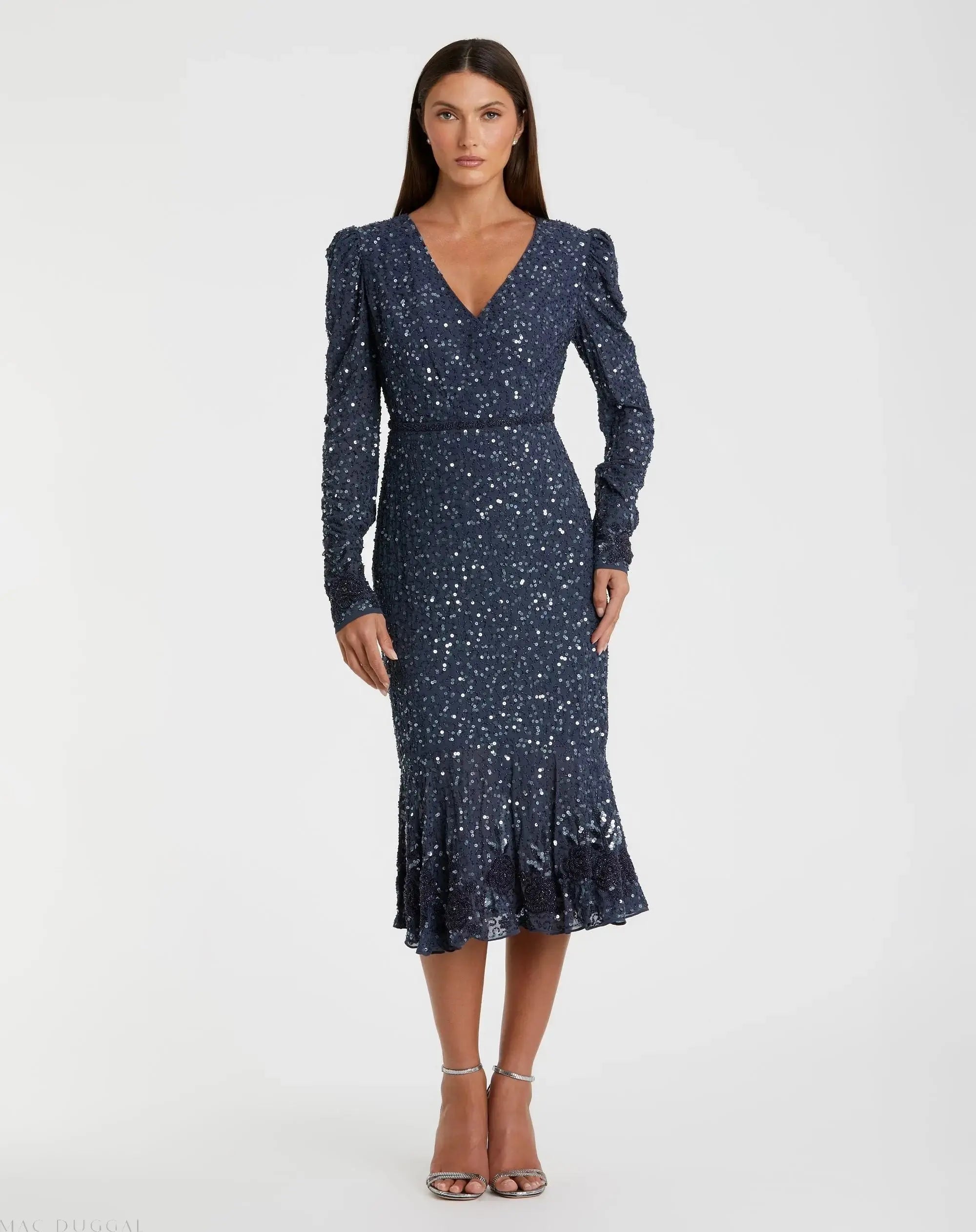 Blue Sequin Dress with Embellished Hemline and Belt