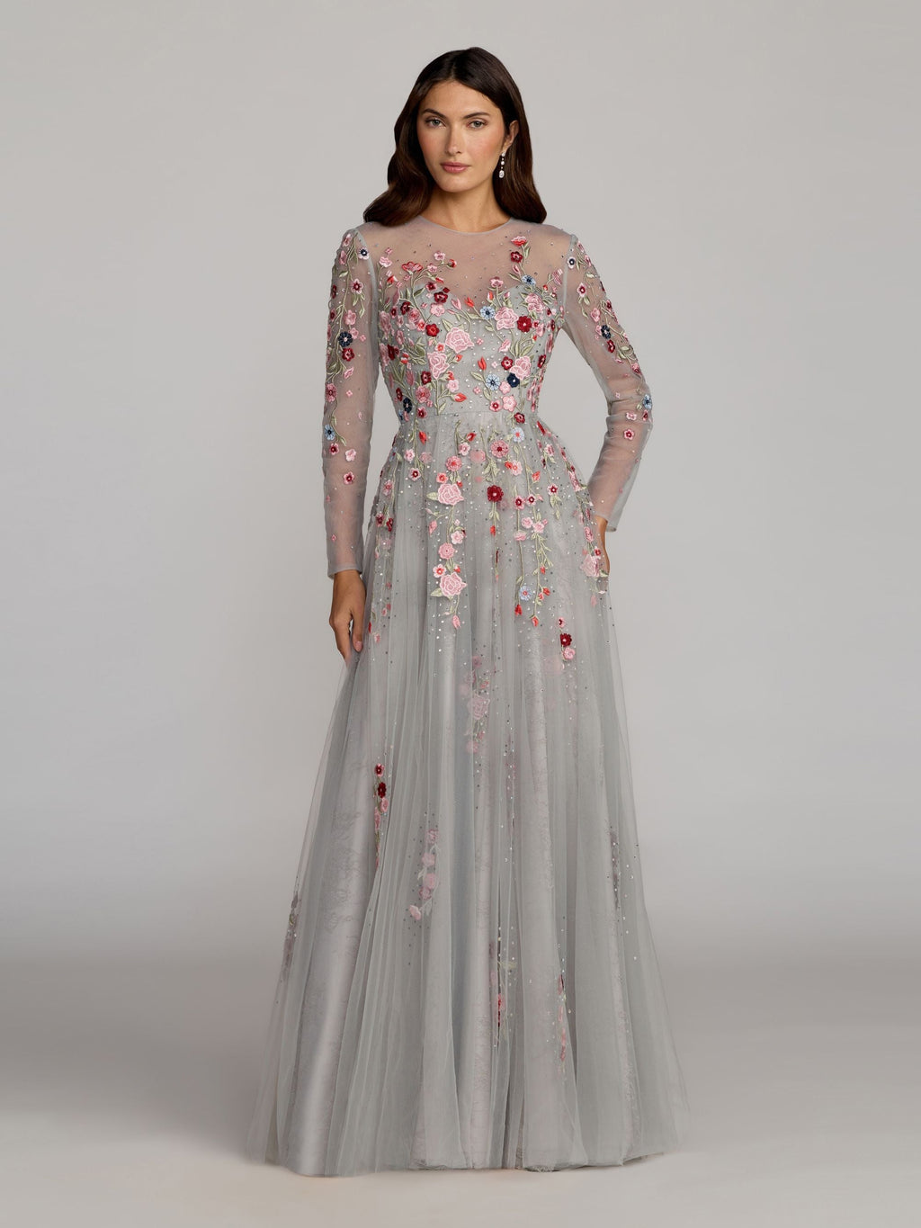 Gray Embroidered Illusion High Neck Long Sleeve A Line Gown