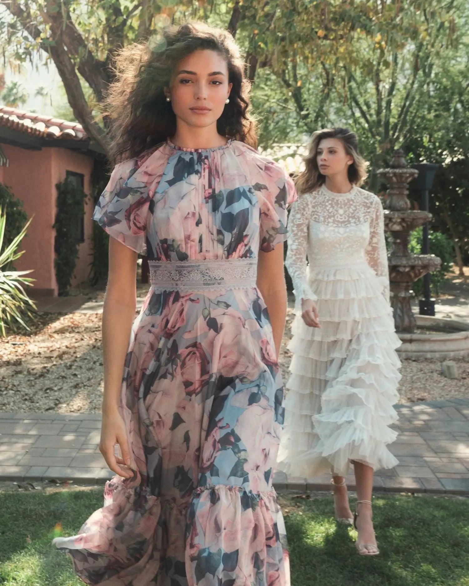 Multicolor Floral Chiffon High Neck Flutter Sleeve Dress