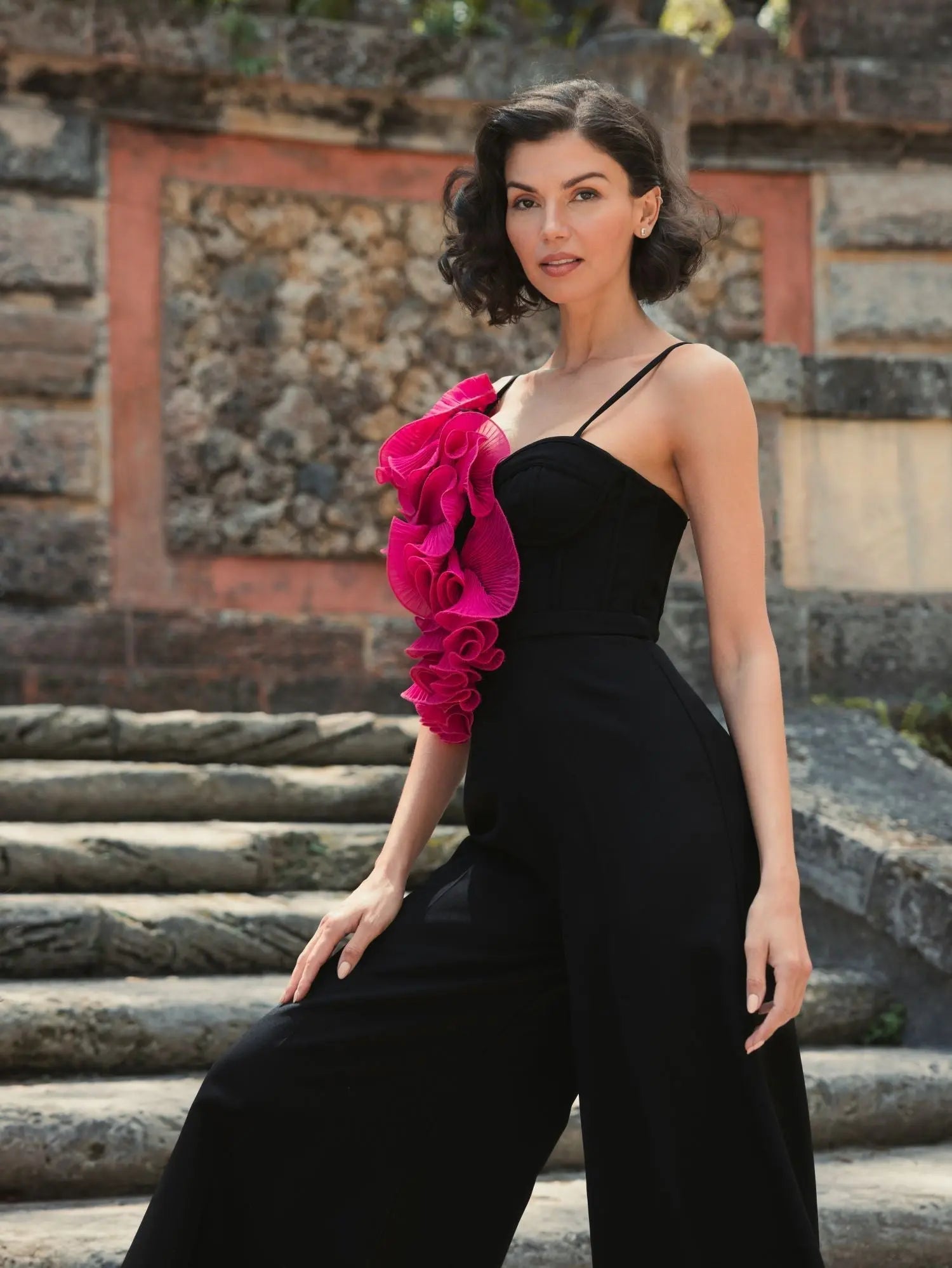 Black Oversized Ruffle Wide Leg Jumpsuit