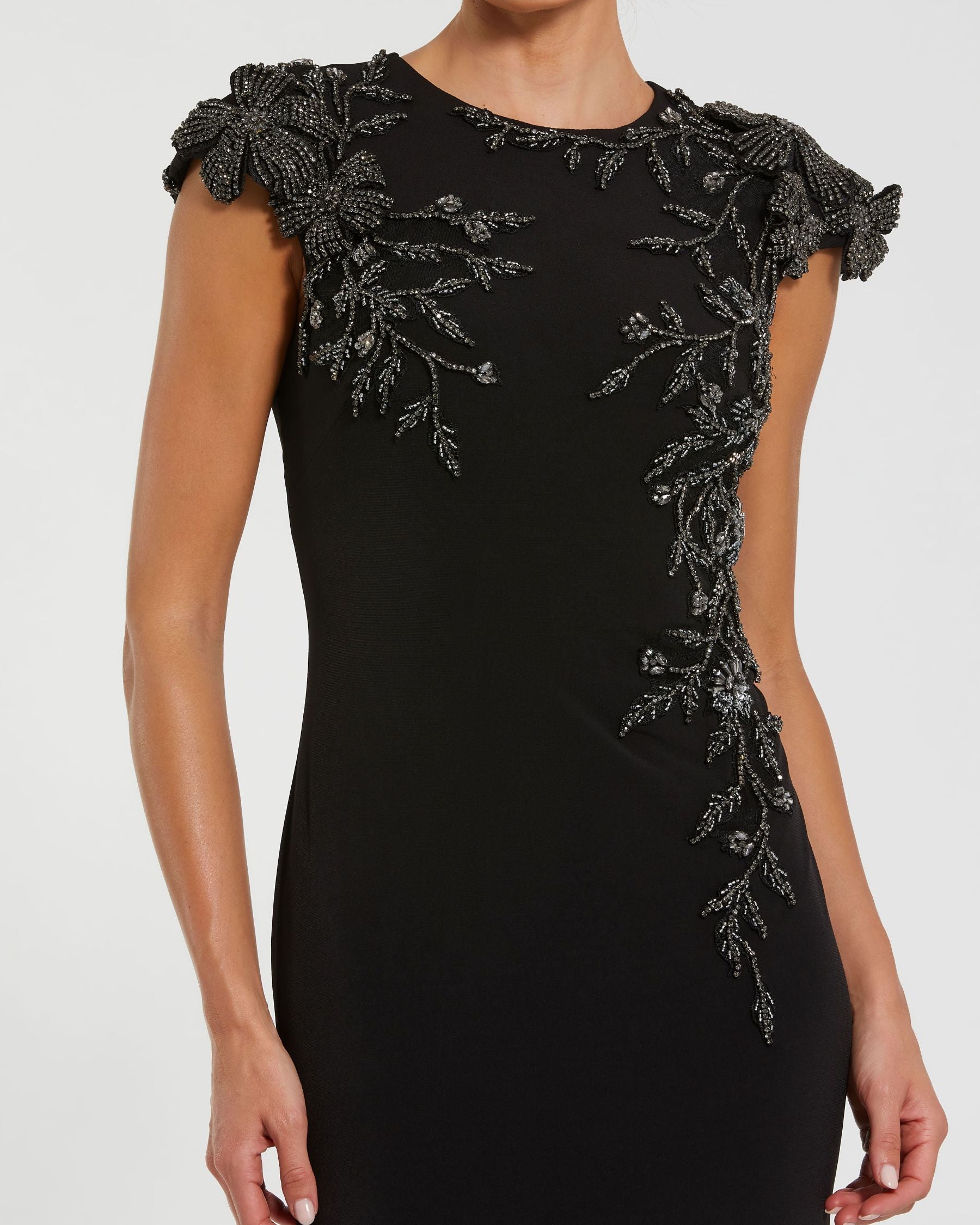 Black Cap Sleeve Jersey Column Gown With Beaded Flowers