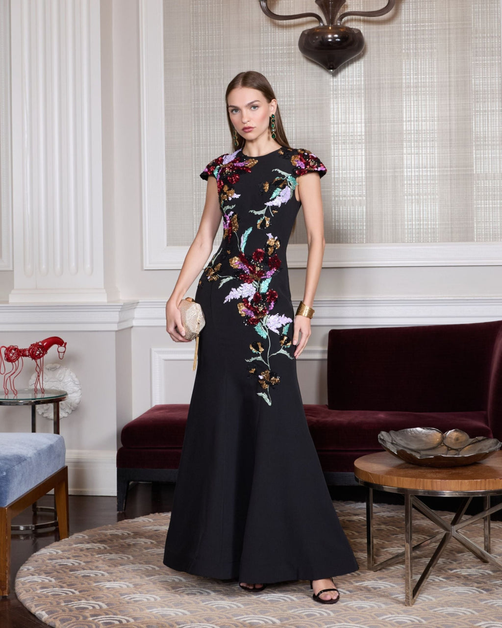 Black Floral Sequin Embellished Trumpet Gown