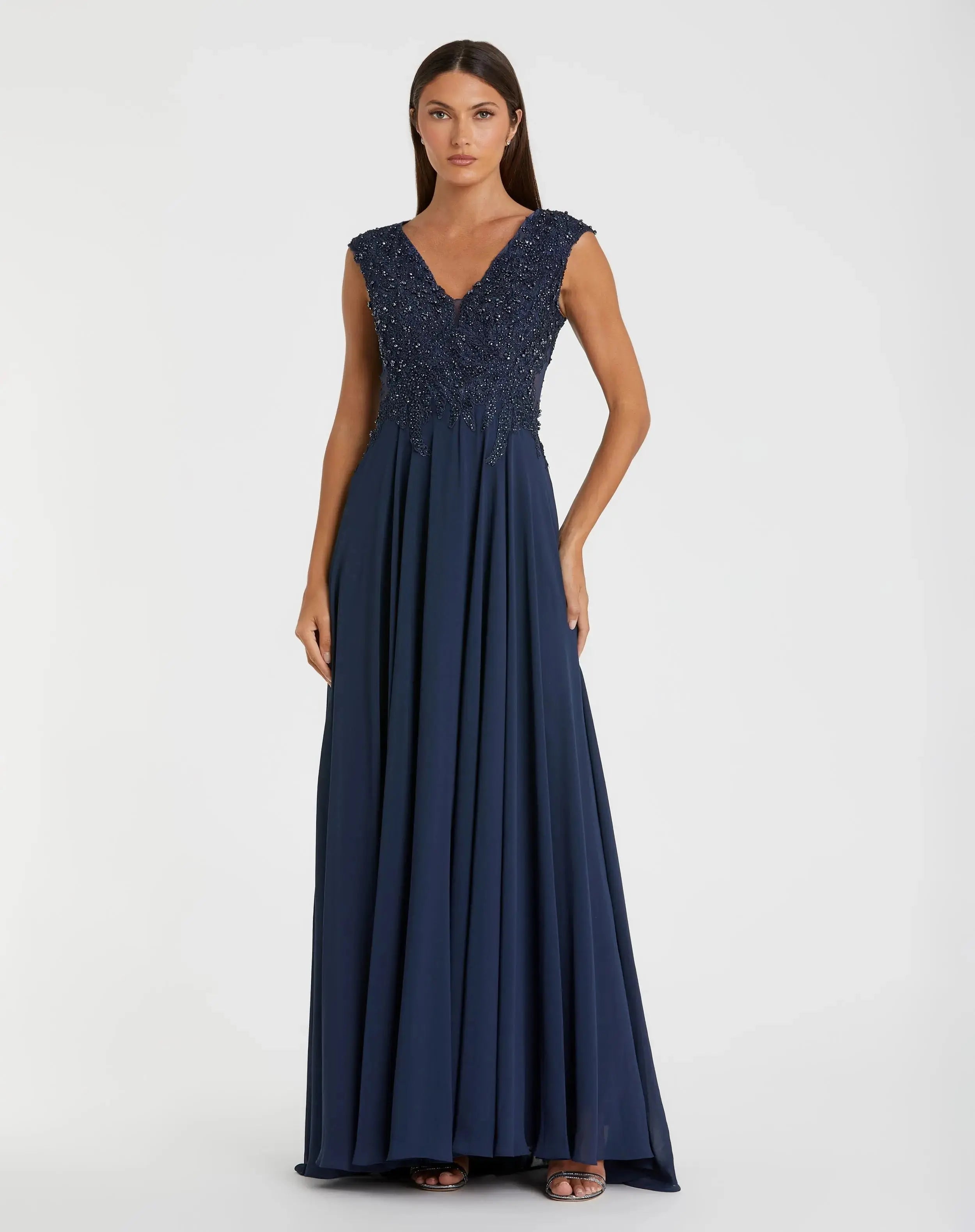 Applique Cap Sleeve Bodice Flowy Gown