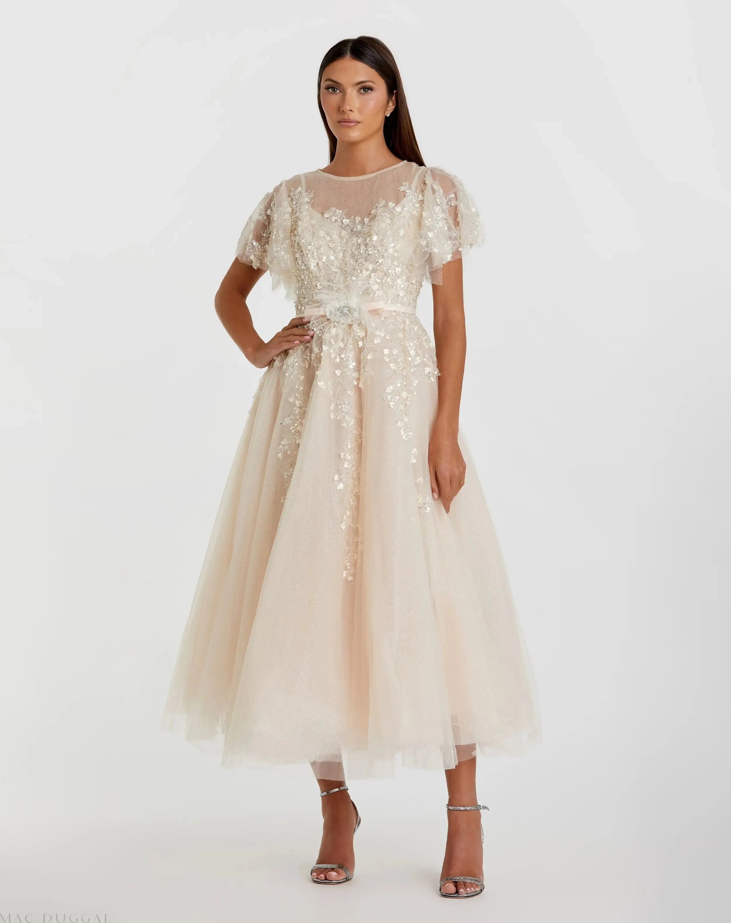 Beige Embellished Flutter Sleeve Bow Waist A Line Dress