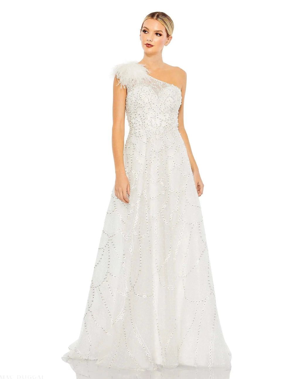 White Embellished One Shoulder A Line Gown