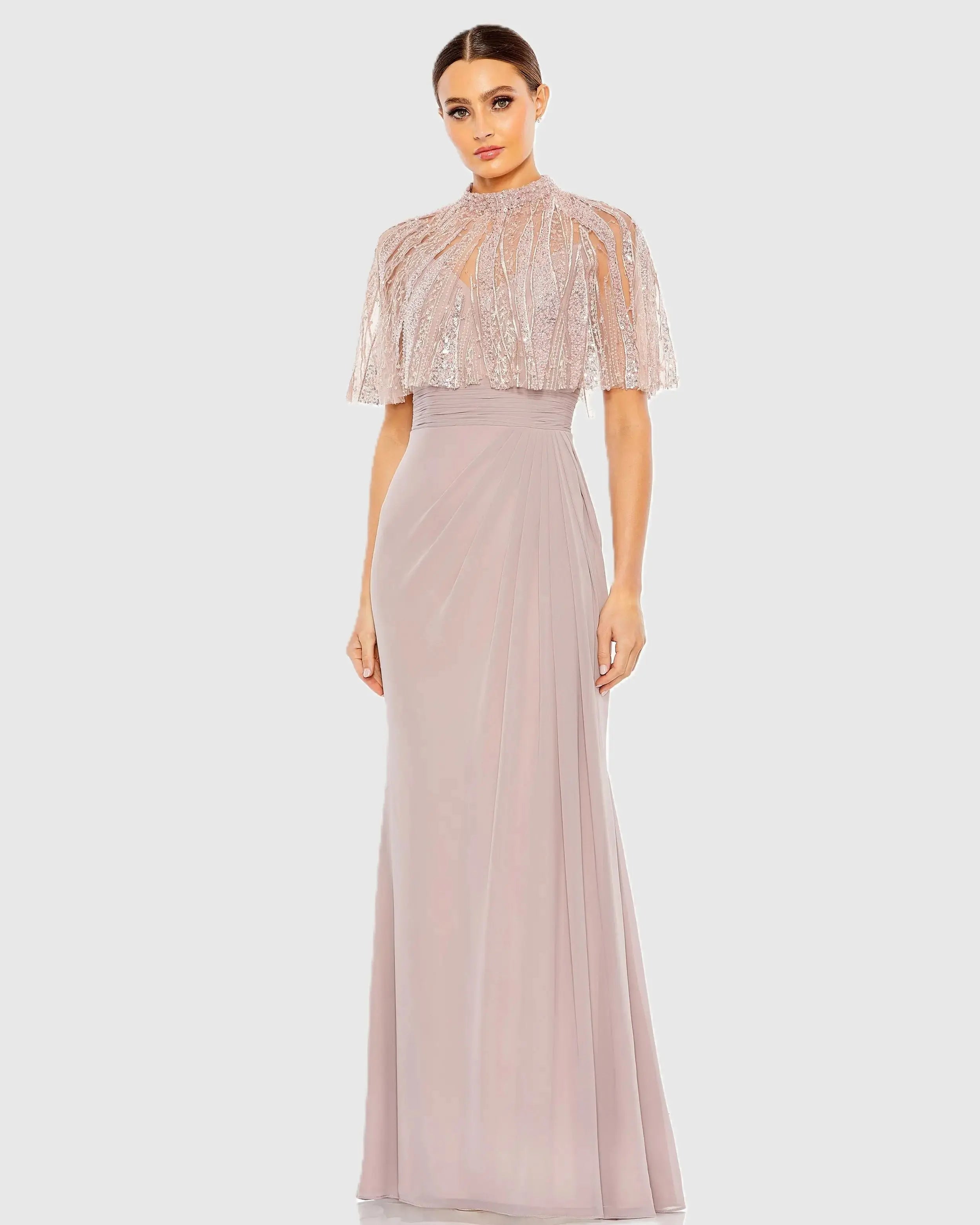 Pink Sleeveless Gown With Embellished Cape