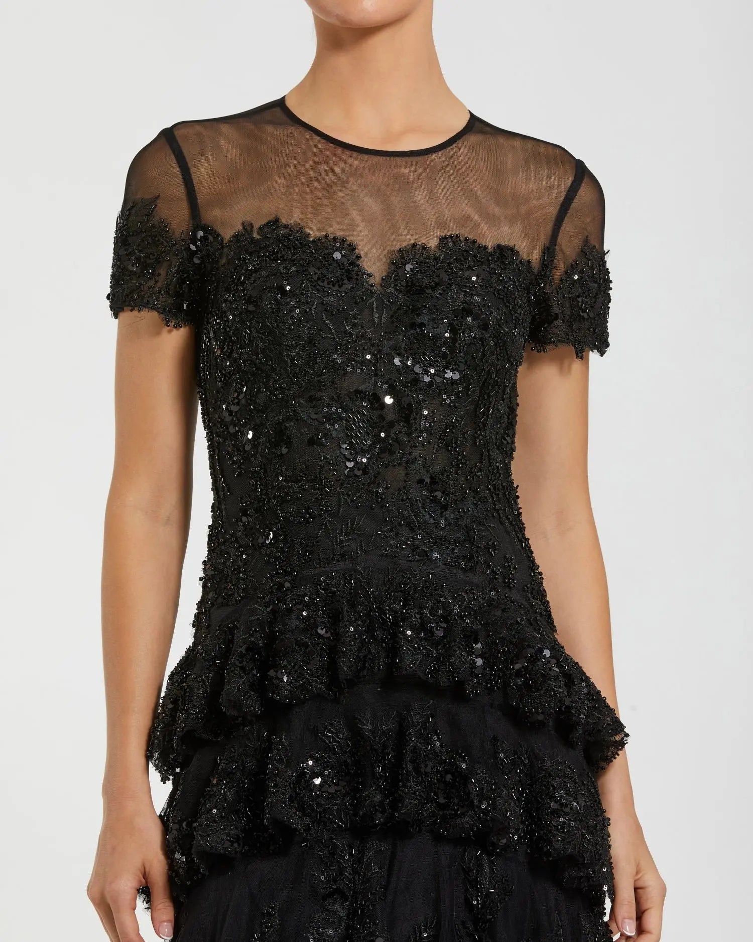 Black Short Sleeve Tiered Evening Gown with Embellishments