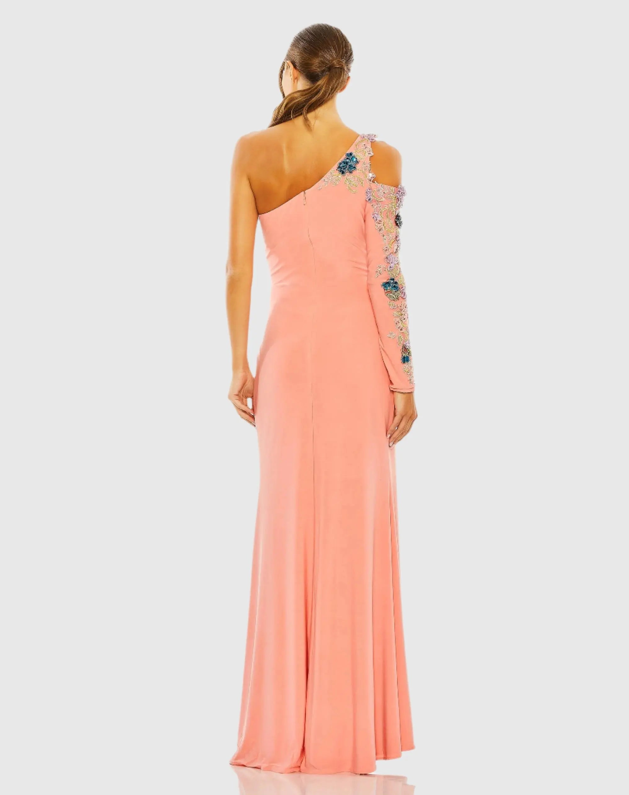Pink One Shoulder Long Sleeve Floral Embellished Gown