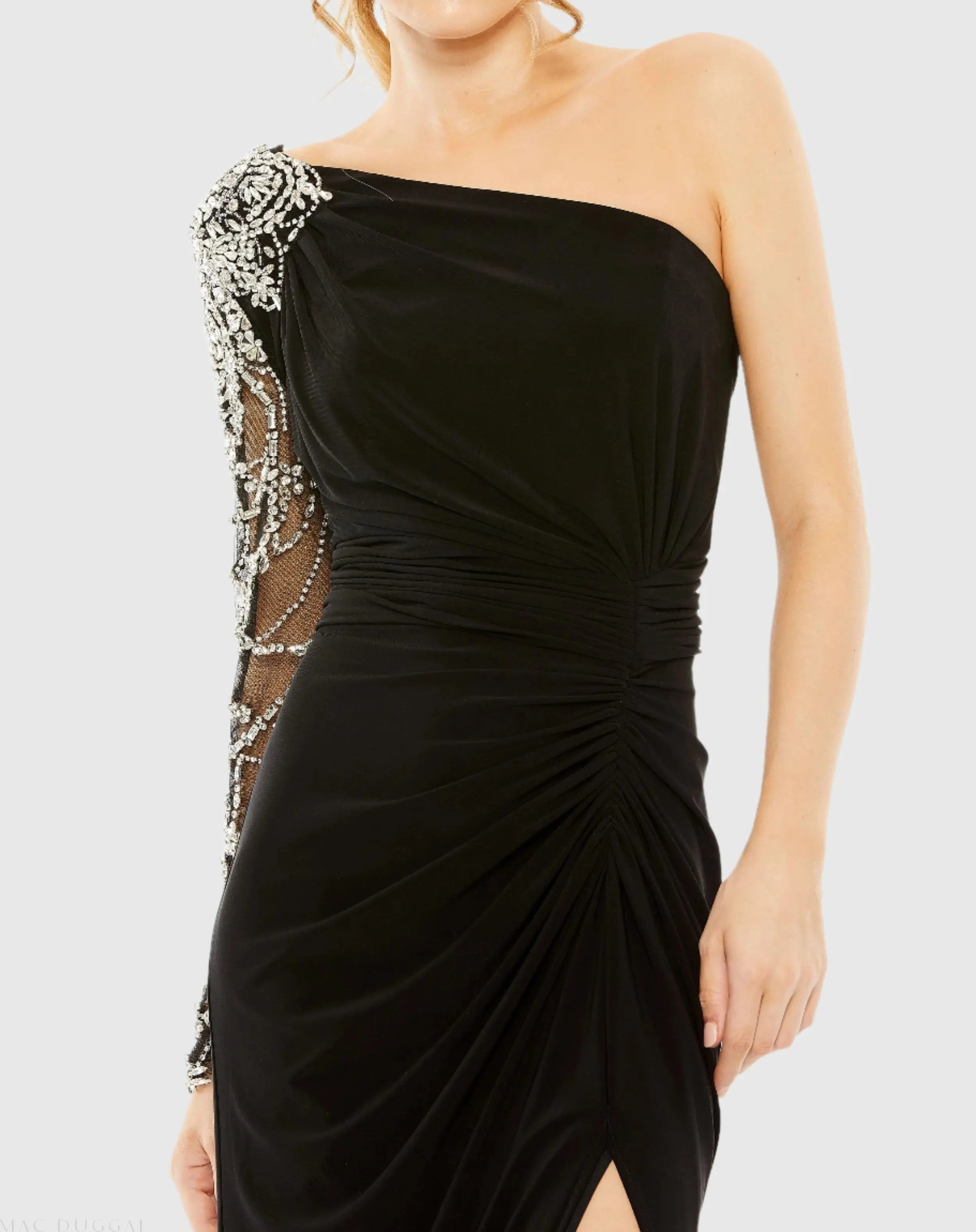 Black Embellished One Shoulder Long Sleeve Gown