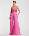 Pink Pleated Plunge Neck Wide Leg Jumpsuit
