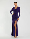 Purple Long Sleeve Cowl Neck Jersey Gown With Slit - FINAL SALE