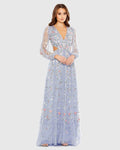 Purple Long Sleeve Embellished Cut Out A-Line Gown