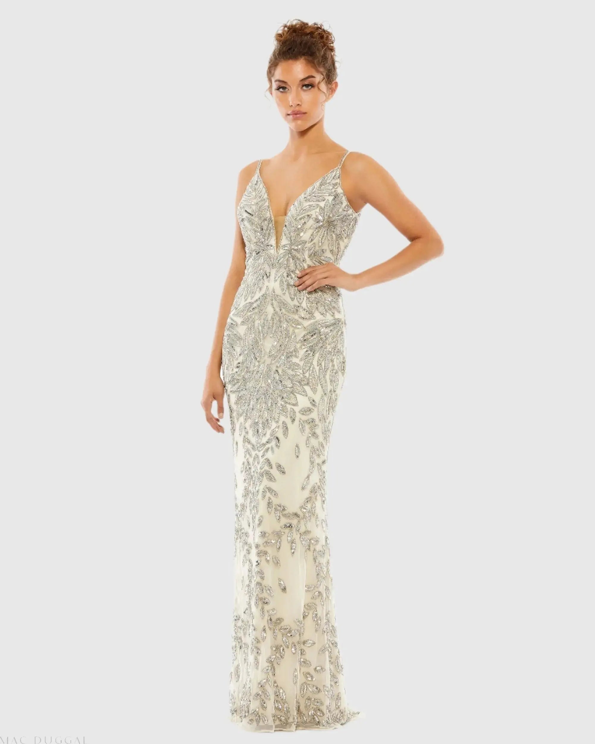 Silver Hand Embellished Sleeveless Evening Gown