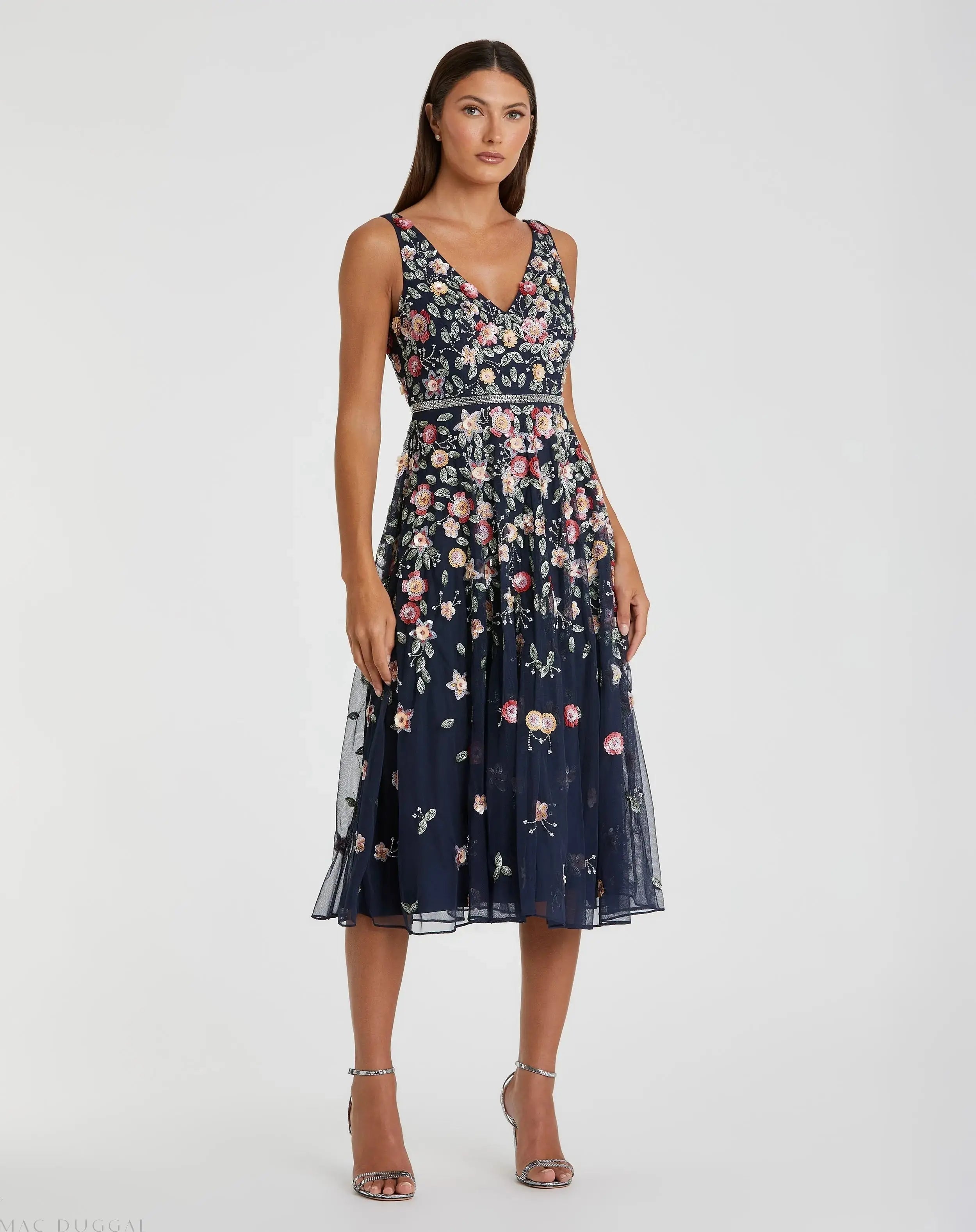 Navy V-Neck Sleeveless Midi Floral Beaded A-line Dress