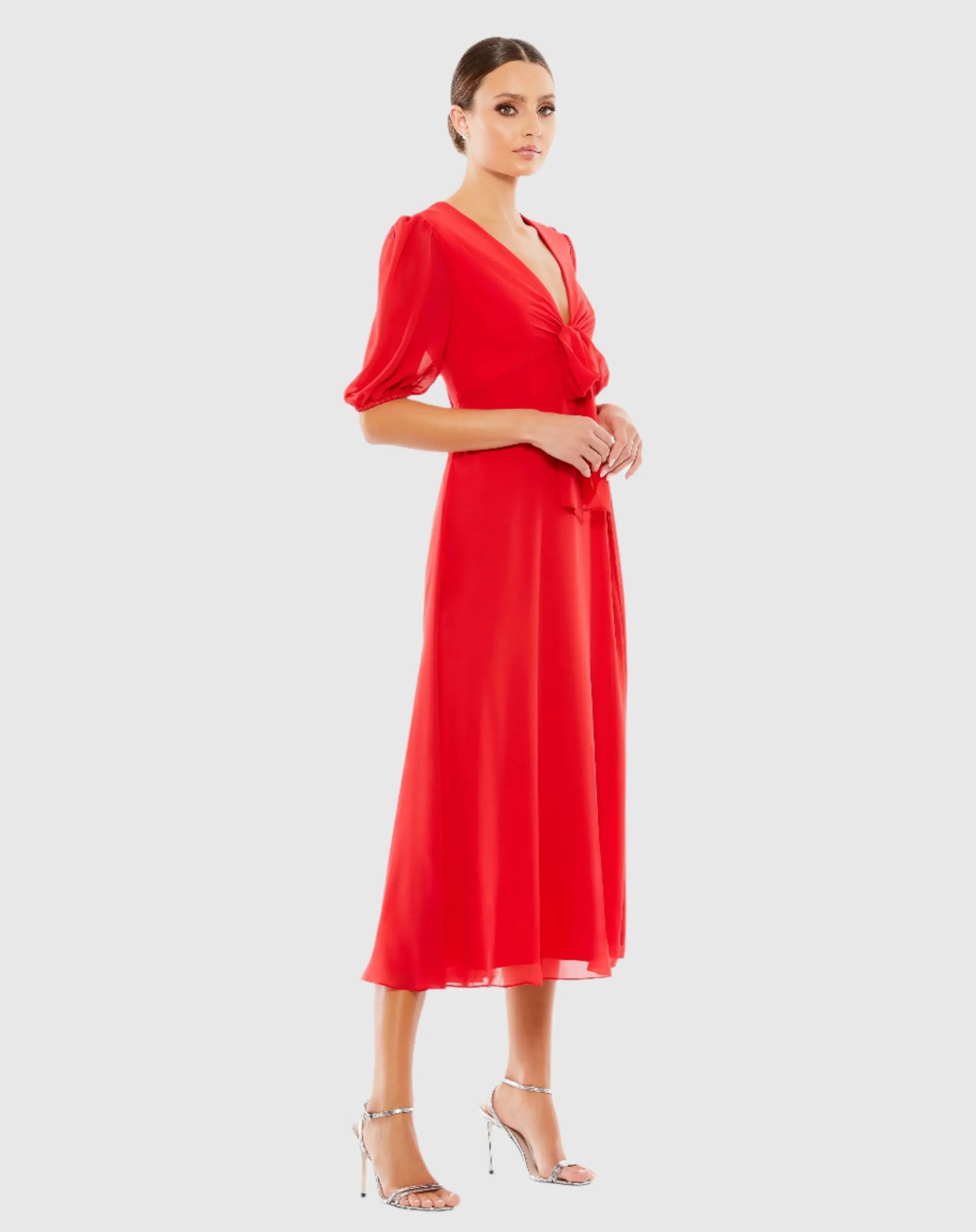 Red V Neck Bow Detail Flowy Midi Dress