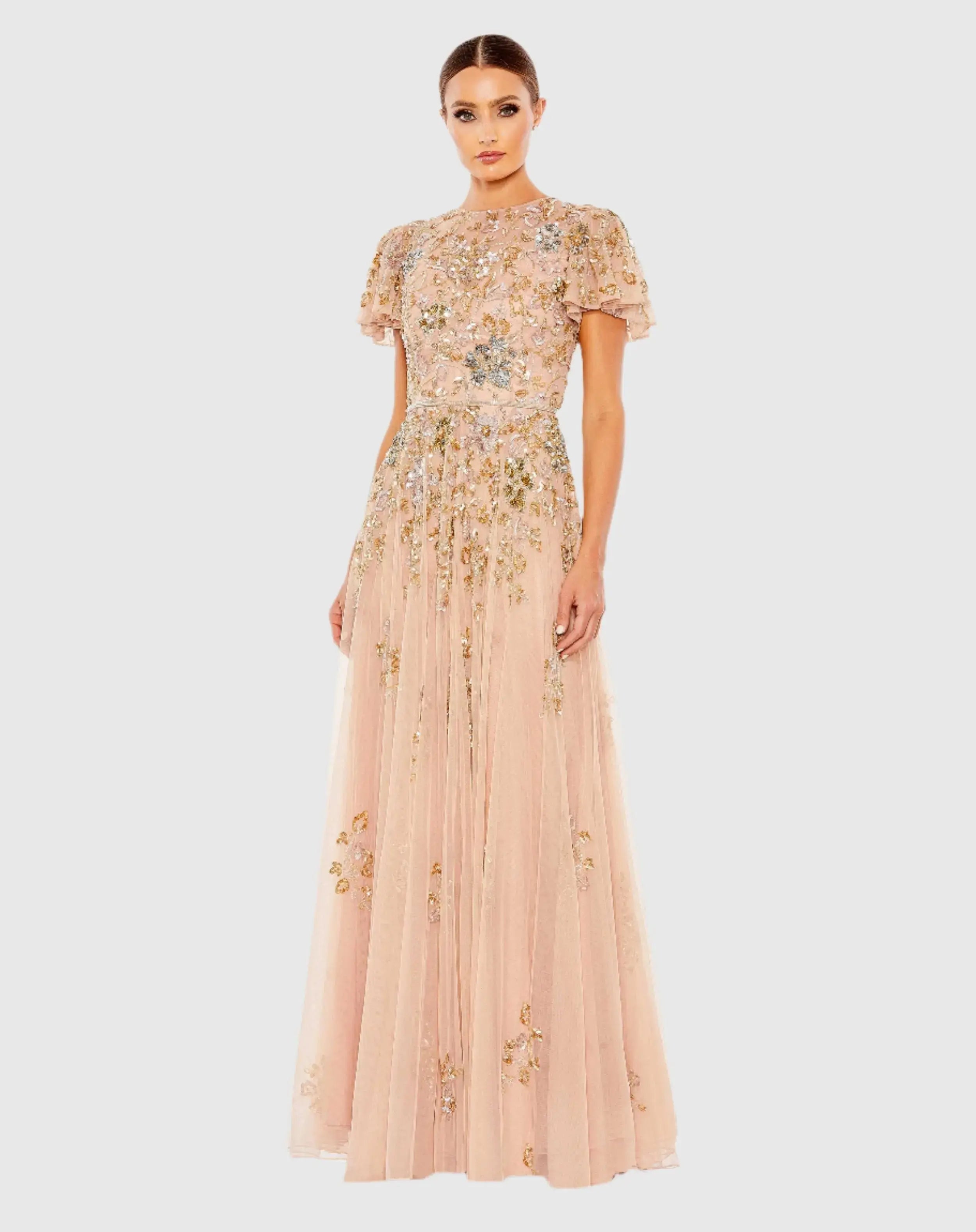 Embellished Butterfly Sleeve High Neck Gown