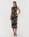 Black Velvet High Neck Sequined Midi Dress with Multicolor Embroidery