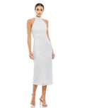 White Hand Embellished Halter Neck Midi Sheath Dress