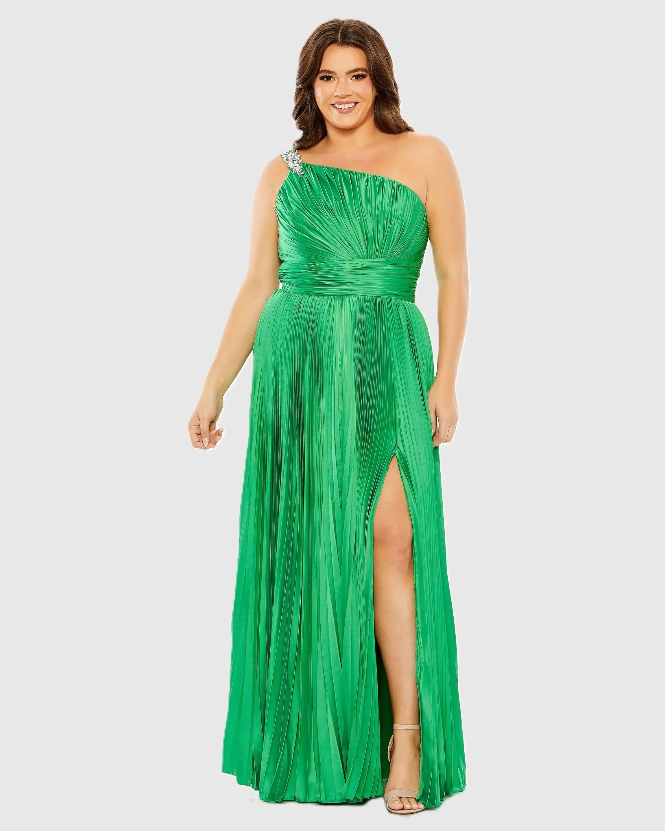 One Shoulder Embellished Pleated Sleeveless Gown