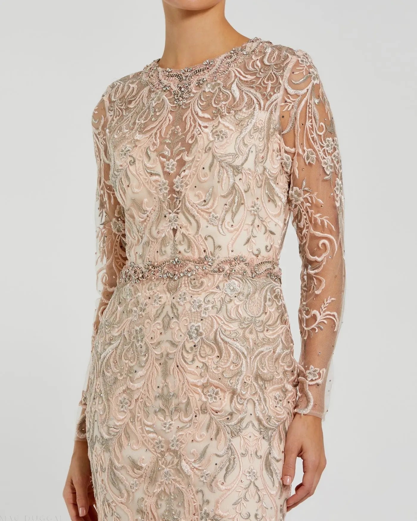 Pink Embroidered Illusion Long Sleeve Trumpet Gown