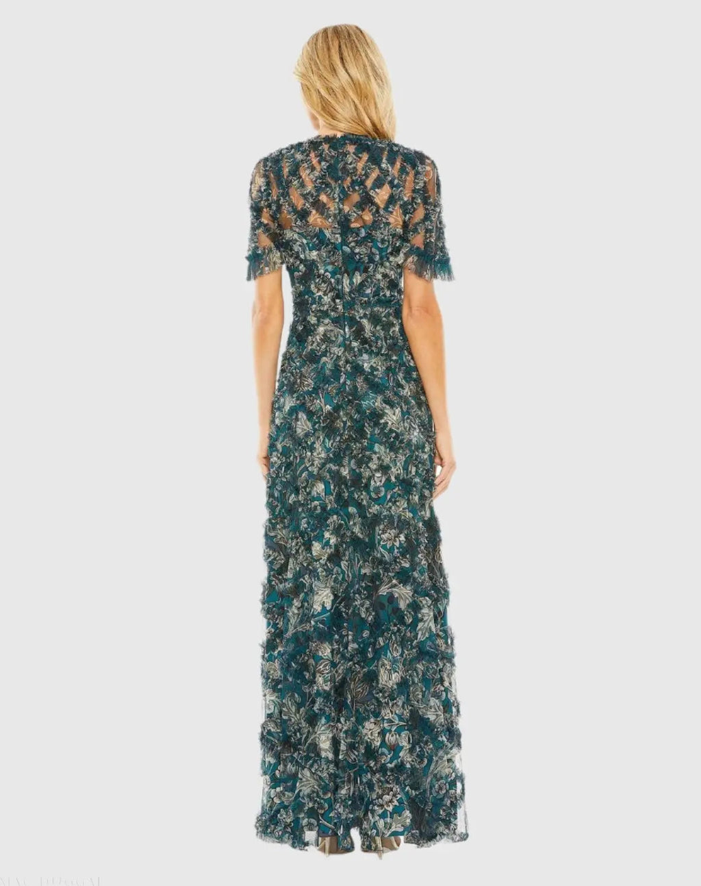 Blue Flutter Sleeve Floral Ruffle Detail Maxi Dress