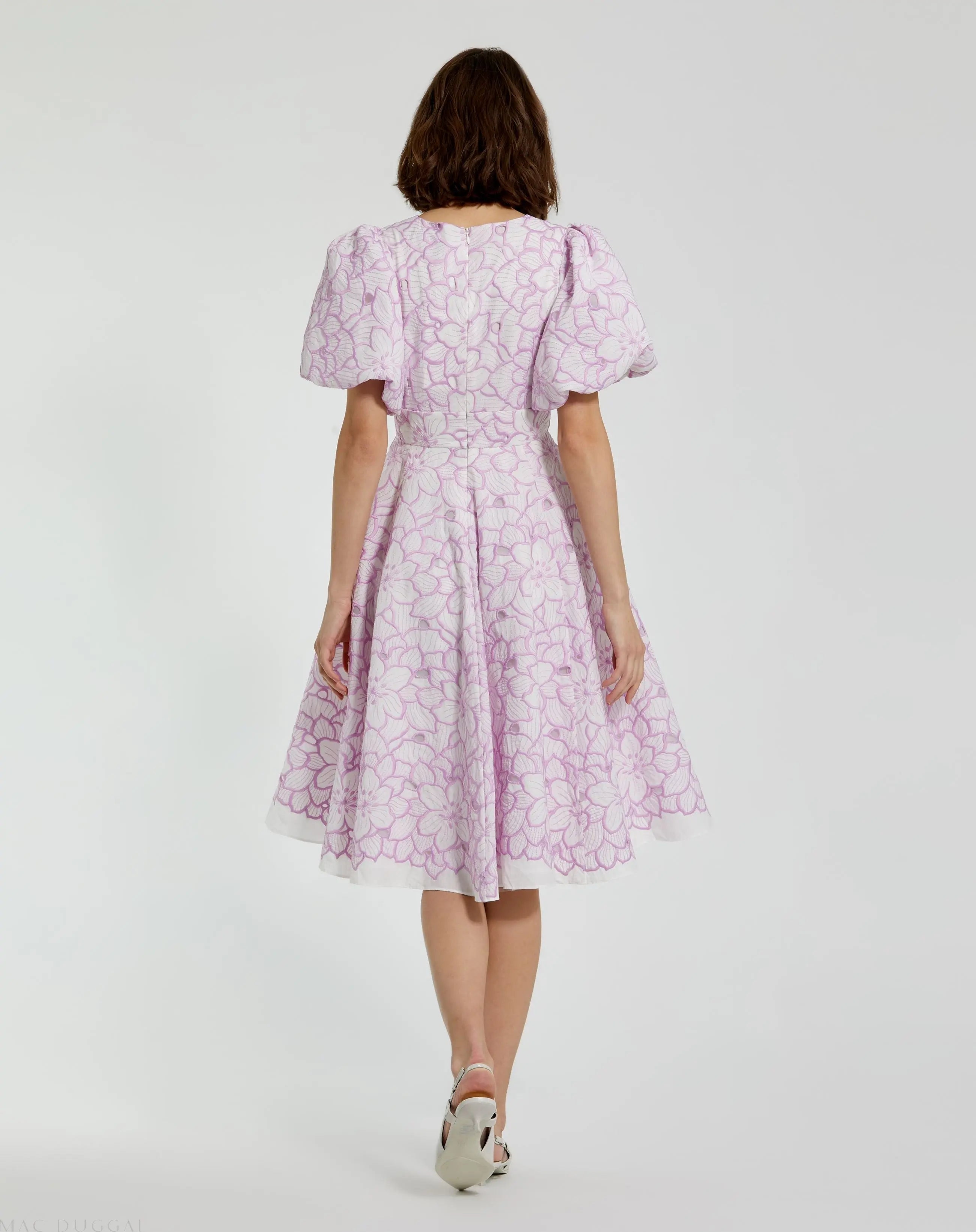 Multicolor Embroidered Floral Puff Sleeve Midi Dress