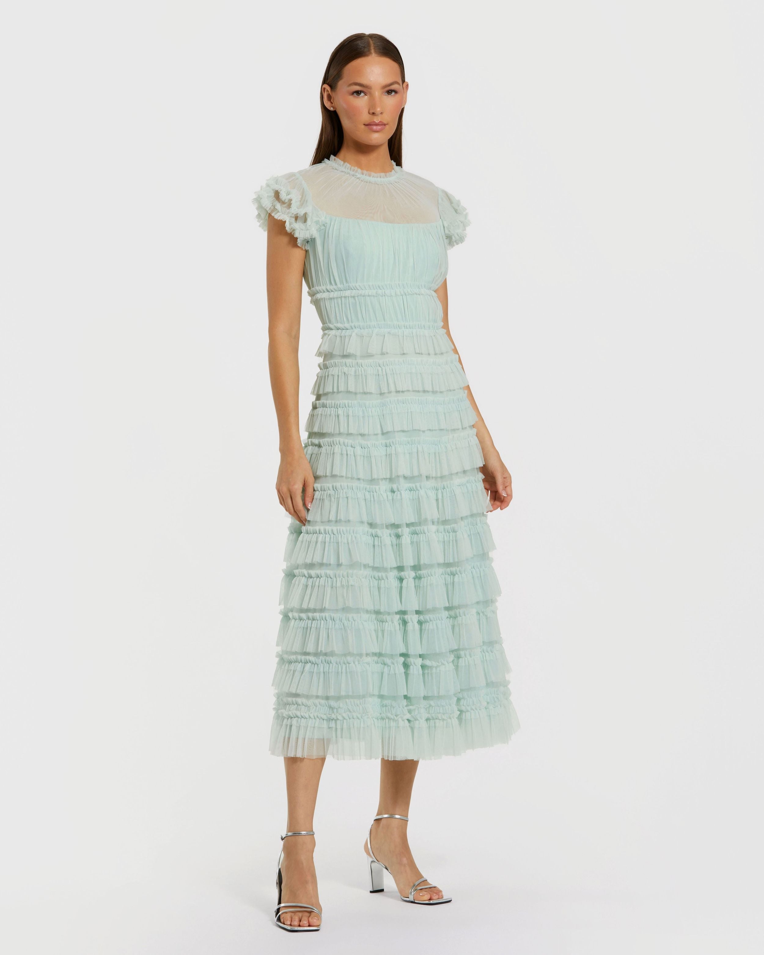 Green Ruffle High Neck Cap Sleeve Midi Dress