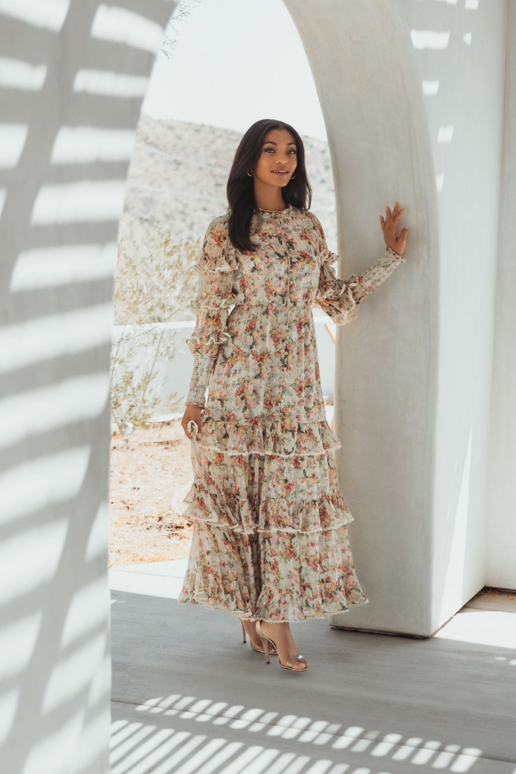 Beige Floral Tiered Ruffle Midi Dress with Long Sleeves