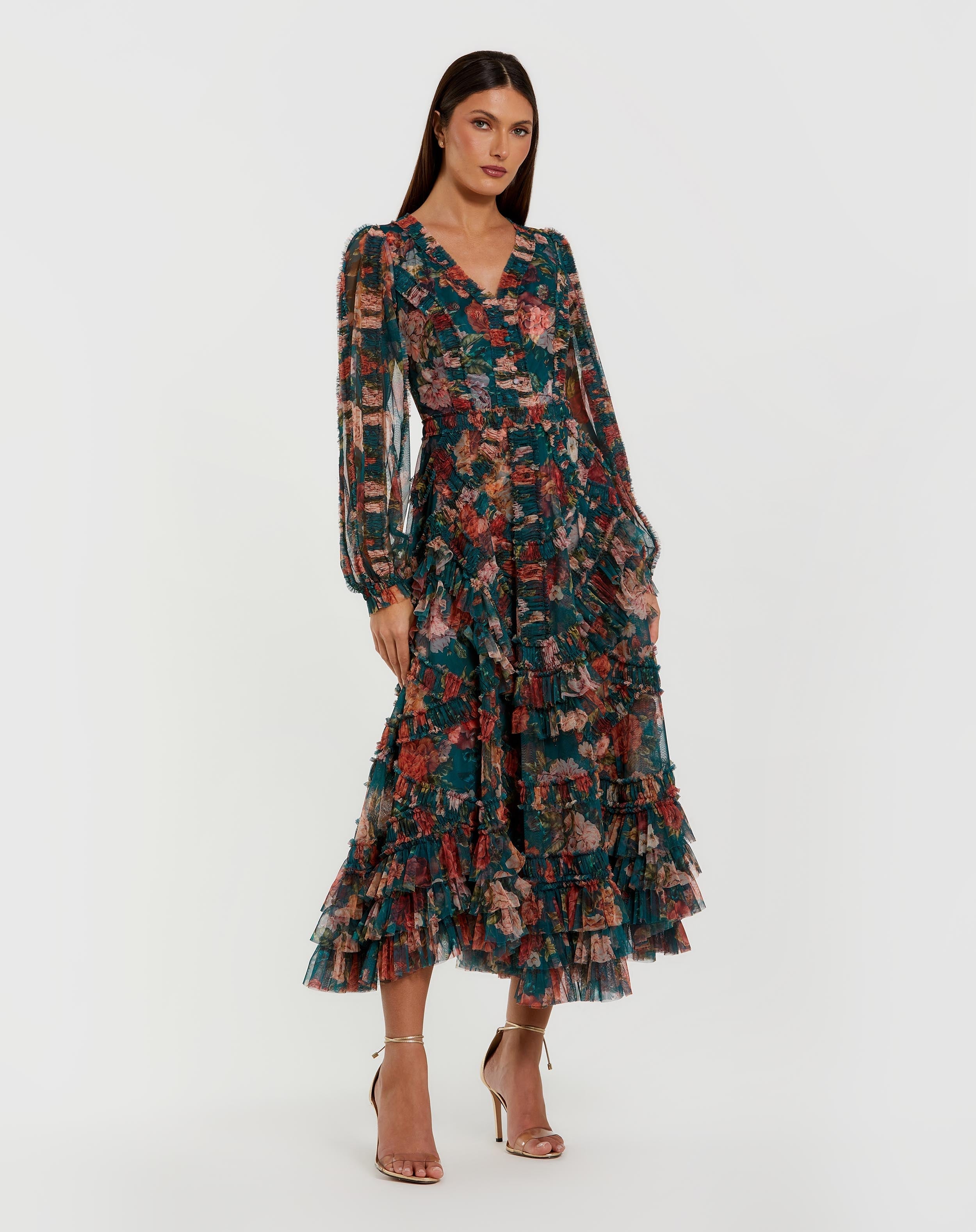 Teal Long Sleeve Floral Midi Dress With Ruffles