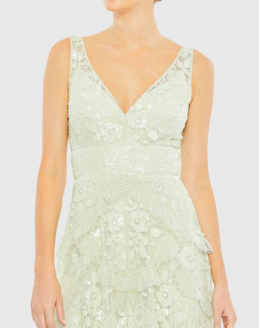 Green Sequined Scallop Ruffle Tiered V-Neck Gown
