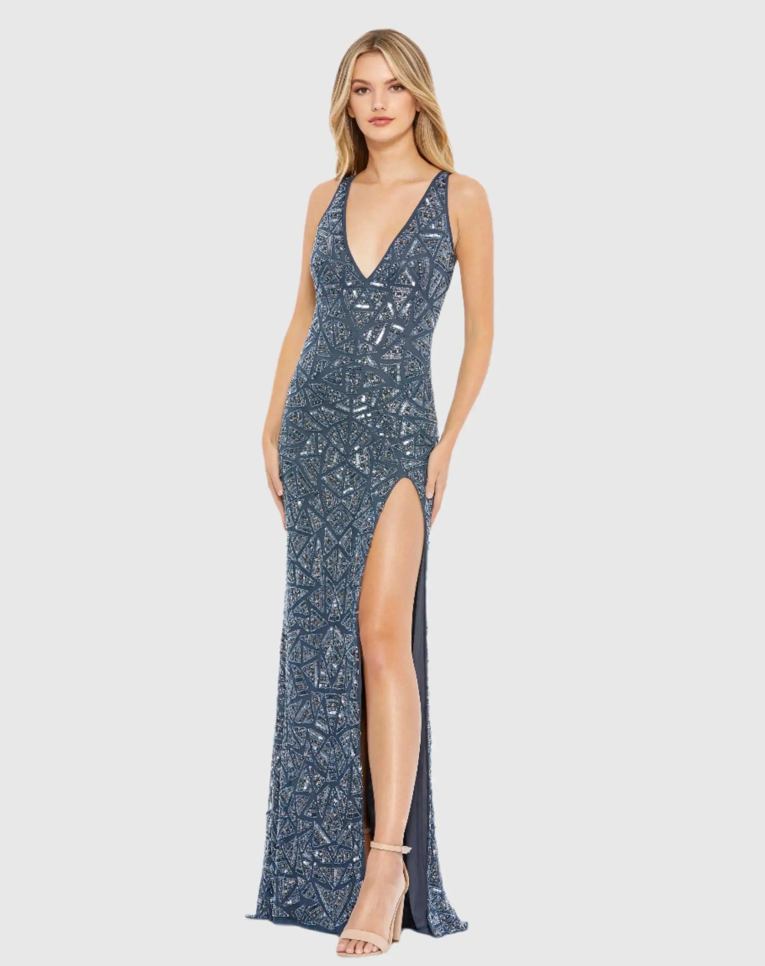 Sleeveless Embellished V Neck Gown