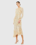 Gold Long Sleeve Embellished Tea Length Dress