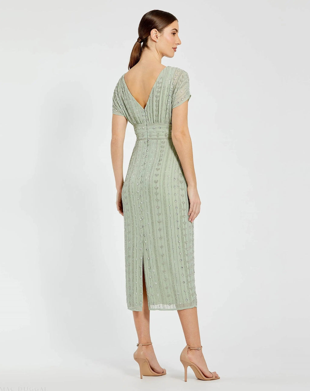 Green Beaded Cap Sleeve Empire Waist Sheath Midi Dress