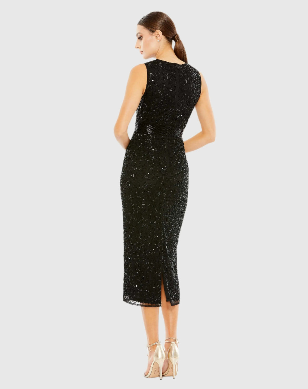 Black Geometric Embellished Sleeveless Sheath Dress
