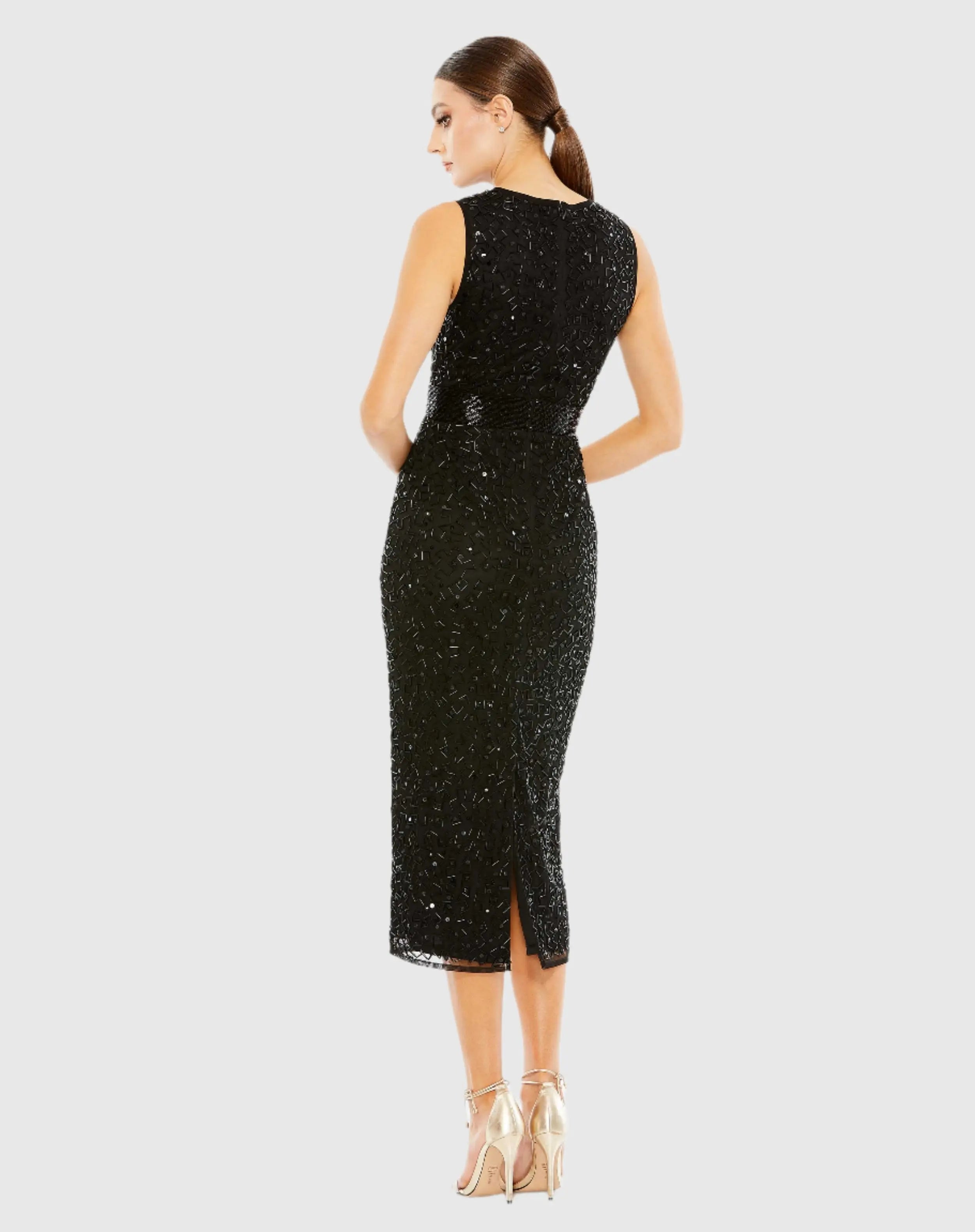 Black Geometric Embellished Sleeveless Sheath Dress