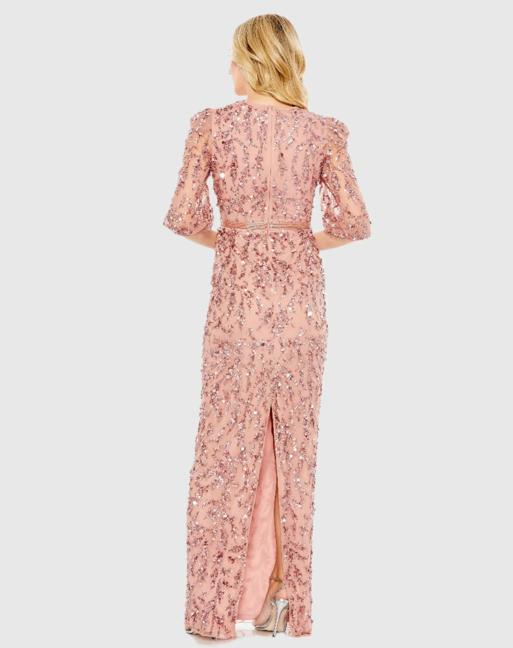 Pink Embellished Column Gown with 3/4 Sleeves
