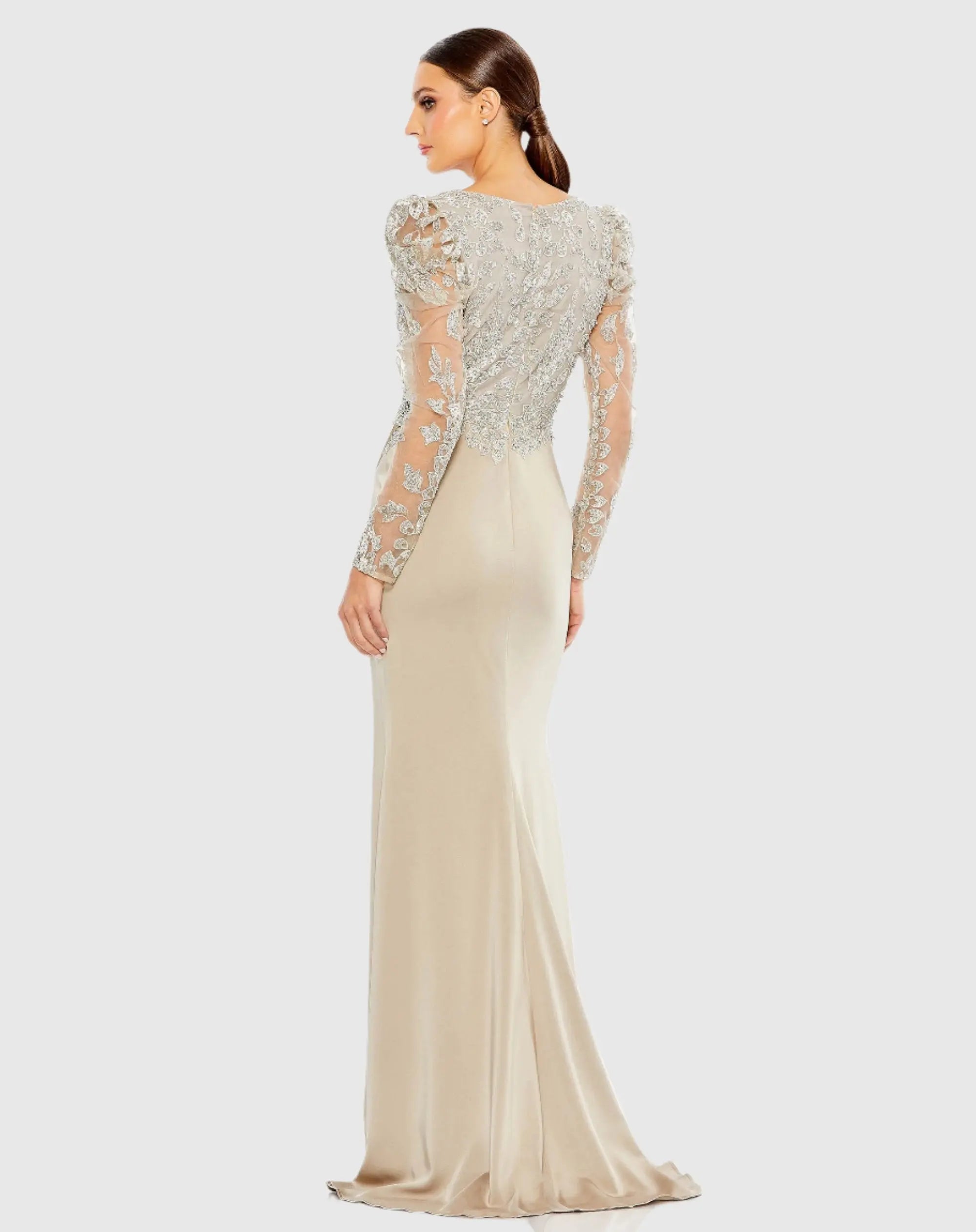 Beige Embellished Faux Wrap Illusion Puff Sleeve Gown
