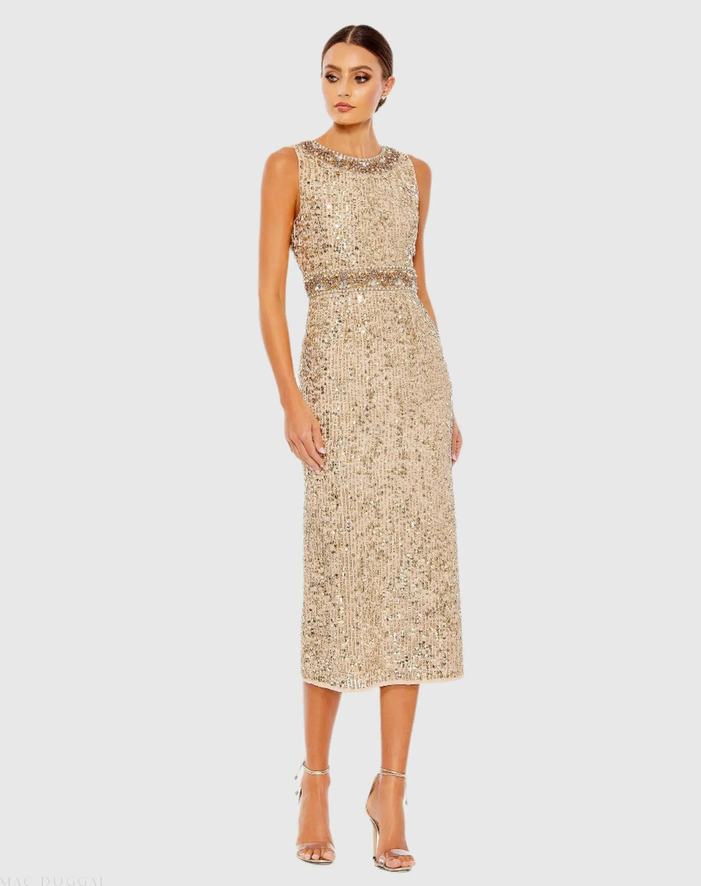 Gold Embellished Sleeveless High Neck Midi Dress