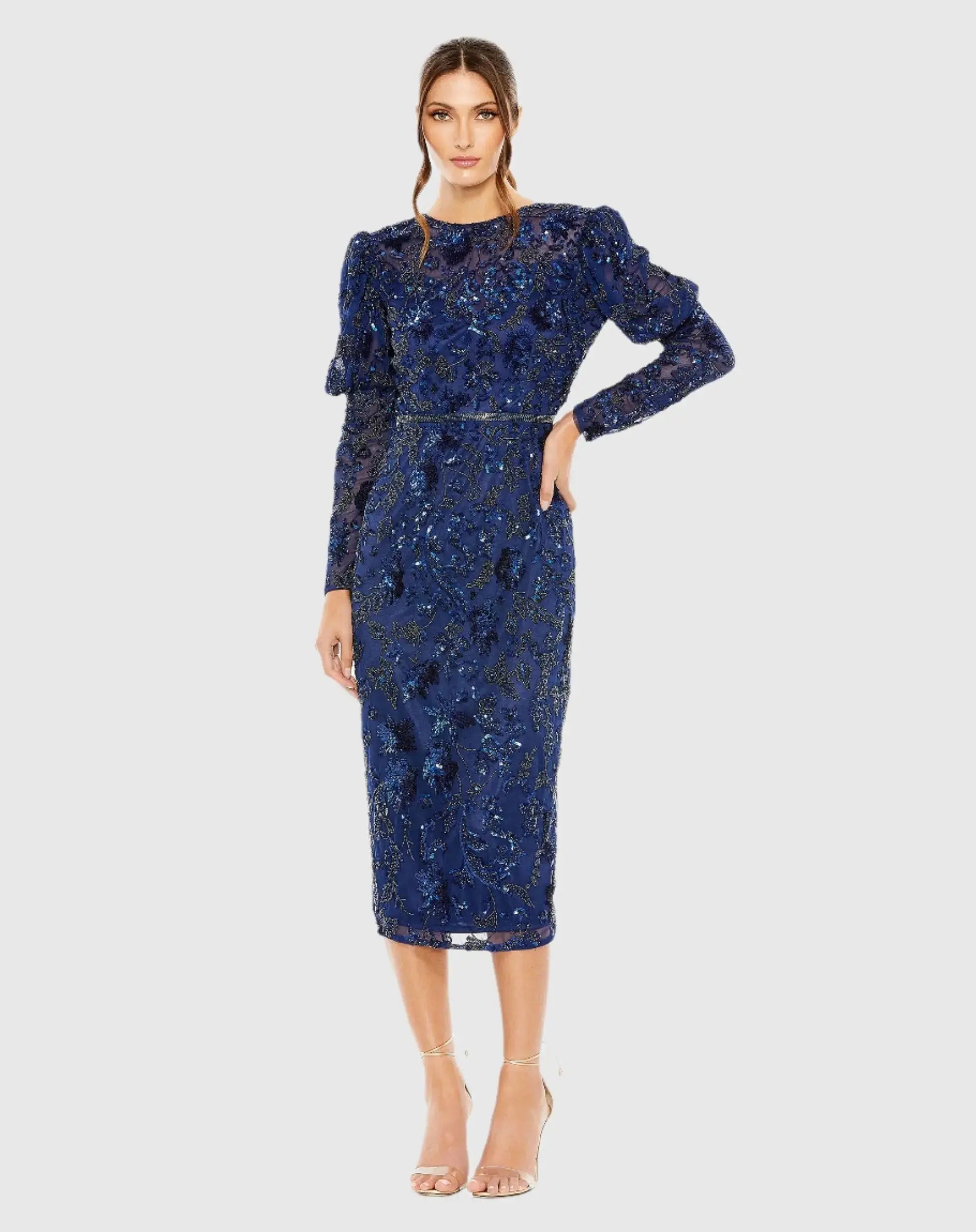 Embellished Puff Sleeve High Neck Dress